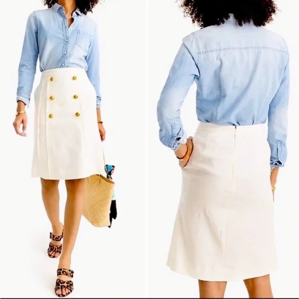 J.Crew Linen Sailor Skirt Sz 4 Small White Gold Buttons Preppy Coastal Nautical